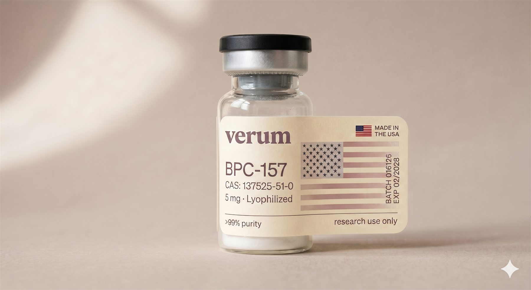Verum research peptide vial with American-made label